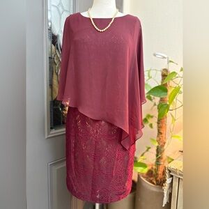 Connected Apparel Maroon Chiffon- Overlay Sheath Dress | Size 12